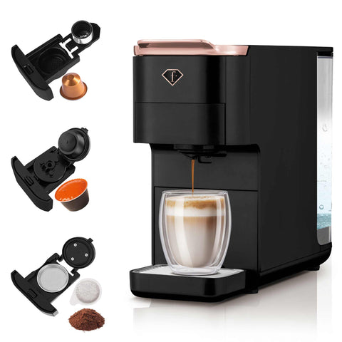Product image of Capsule coffee maker 4in1. Part of the MATTE BLACK- ROSE GOLD . Features: • Voltage: 220-240V, 50/60Hz • Power: 1545W • 1,5L water tank • Detachable tray design • Accessories: • Nespresso small capsules holder • Dolce Gus.... (Conceptual view). Official Berlinger Haus product, boosted by Promintra sl.