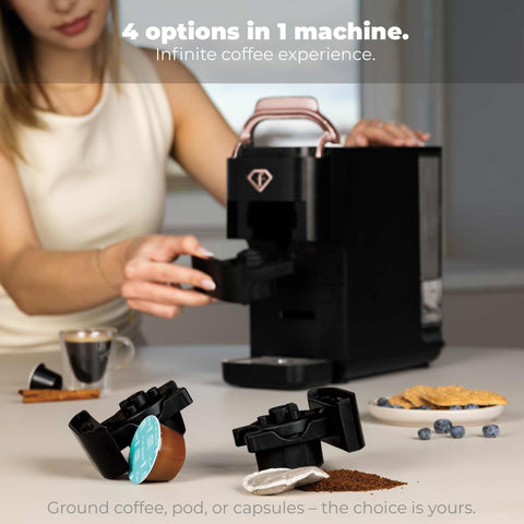 Product image of Capsule coffee maker 4in1. Part of the MATTE BLACK- ROSE GOLD . Features: • Voltage: 220-240V, 50/60Hz • Power: 1545W • 1,5L water tank • Detachable tray design • Accessories: • Nespresso small capsules holder • Dolce Gus.... (Conceptual view). Official Berlinger Haus product, boosted by Promintra sl.
