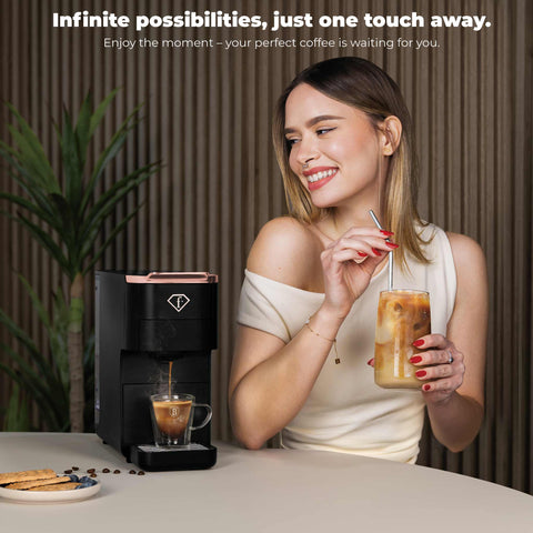 Product image of Capsule coffee maker 4in1. Part of the MATTE BLACK- ROSE GOLD . Features: • Voltage: 220-240V, 50/60Hz • Power: 1545W • 1,5L water tank • Detachable tray design • Accessories: • Nespresso small capsules holder • Dolce Gus.... (Conceptual view). Official Berlinger Haus product, boosted by Promintra sl.