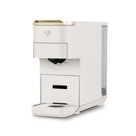 Product image of Capsule coffee maker 4in1. Part of the MATTE CREAM- GOLD . Features: • Voltage: 220-240V, 50/60Hz • Power: 1545W • 1,5L water tank • Detachable tray design • Accessories: • Nespresso small capsules holder • Dolce Gus.... (Studio view). Official Berlinger Haus product, boosted by Promintra sl.