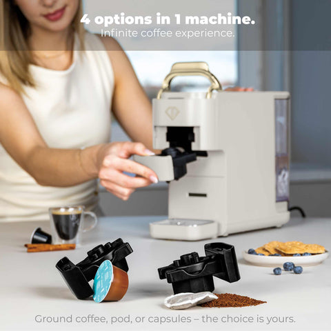 Product image of Capsule coffee maker 4in1. Part of the MATTE CREAM- GOLD . Features: • Voltage: 220-240V, 50/60Hz • Power: 1545W • 1,5L water tank • Detachable tray design • Accessories: • Nespresso small capsules holder • Dolce Gus.... (Studio view). Official Berlinger Haus product, boosted by Promintra sl.