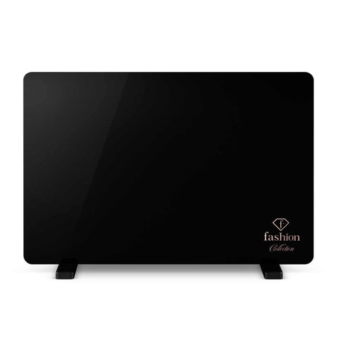 Product image of Electric glass panel heater. Part of the MATTE BLACK- ROSE GOLD . Features: • 230-240V, 50/60 Hz, 1400 W • Tempered glass with safety sheet • Size: 64.5*6.6*43 cm (without feet) • Temperature control: 5-35℃ • Length of powe.... (Studio view). Official Berlinger Haus product, boosted by Promintra sl.
