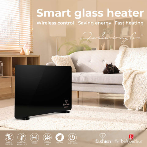 Product image of Electric glass panel heater. Part of the MATTE BLACK- ROSE GOLD . Features: • 230-240V, 50/60 Hz, 1400 W • Tempered glass with safety sheet • Size: 64.5*6.6*43 cm (without feet) • Temperature control: 5-35℃ • Length of powe.... (Studio view). Official Berlinger Haus product, boosted by Promintra sl.