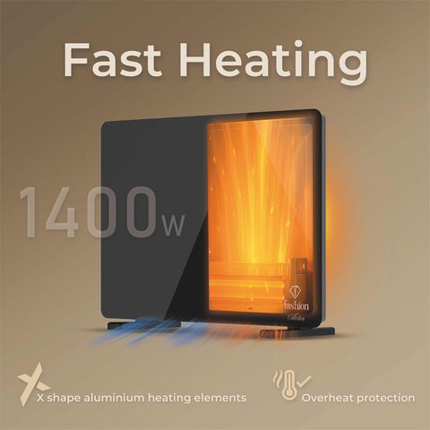 Product image of Electric glass panel heater. Part of the MATTE BLACK- ROSE GOLD . Features: • 230-240V, 50/60 Hz, 1400 W • Tempered glass with safety sheet • Size: 64.5*6.6*43 cm (without feet) • Temperature control: 5-35℃ • Length of powe.... (Studio view). Official Berlinger Haus product, boosted by Promintra sl.