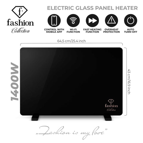 Product image of Electric glass panel heater. Part of the MATTE BLACK- ROSE GOLD . Features: • 230-240V, 50/60 Hz, 1400 W • Tempered glass with safety sheet • Size: 64.5*6.6*43 cm (without feet) • Temperature control: 5-35℃ • Length of powe.... (Studio view). Official Berlinger Haus product, boosted by Promintra sl.