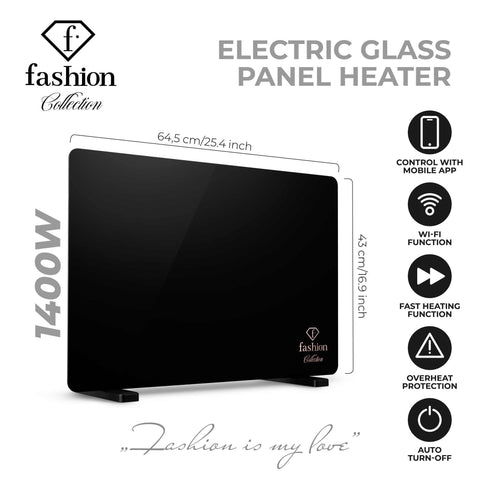Product image of Electric glass panel heater. Part of the MATTE BLACK- ROSE GOLD . Features: • 230-240V, 50/60 Hz, 1400 W • Tempered glass with safety sheet • Size: 64.5*6.6*43 cm (without feet) • Temperature control: 5-35℃ • Length of powe.... (Studio view). Official Berlinger Haus product, boosted by Promintra sl.