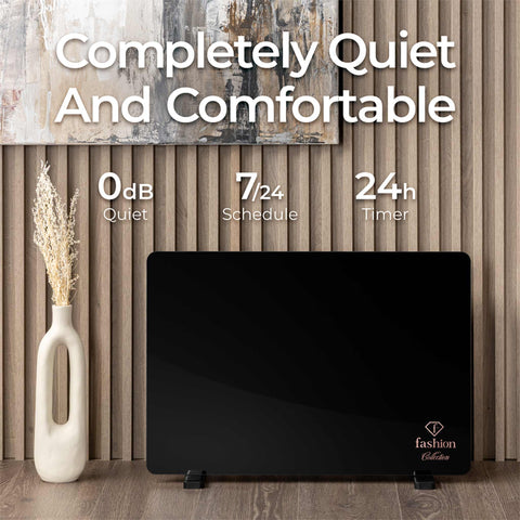 Product image of Electric glass panel heater. Part of the MATTE BLACK- ROSE GOLD . Features: • 230-240V, 50/60 Hz, 1400 W • Tempered glass with safety sheet • Size: 64.5*6.6*43 cm (without feet) • Temperature control: 5-35℃ • Length of powe.... (Studio view). Official Berlinger Haus product, boosted by Promintra sl.
