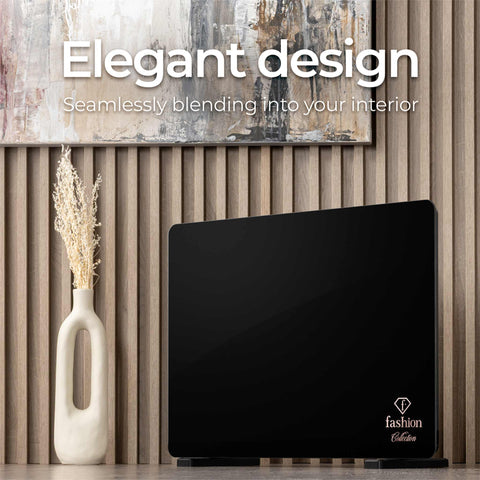 Product image of Electric glass panel heater. Part of the MATTE BLACK- ROSE GOLD . Features: • 230-240V, 50/60 Hz, 1400 W • Tempered glass with safety sheet • Size: 64.5*6.6*43 cm (without feet) • Temperature control: 5-35℃ • Length of powe.... (Studio view). Official Berlinger Haus product, boosted by Promintra sl.