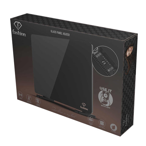 Product image of Electric glass panel heater. Part of the MATTE BLACK- ROSE GOLD . Features: • 230-240V, 50/60 Hz, 1400 W • Tempered glass with safety sheet • Size: 64.5*6.6*43 cm (without feet) • Temperature control: 5-35℃ • Length of powe.... (Studio view). Official Berlinger Haus product, boosted by Promintra sl.