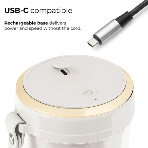 Product image of Cordless portable blender. Part of the MATTE BLACK- ROSE GOLD . Features: • Material: stainless steel, plastic • Power: 60 W • Rechargeable double battery -> higher performance • 400 ml bottle • Accessory: • Type C chargi.... (Studio view). Official Berlinger Haus product, boosted by Promintra sl.