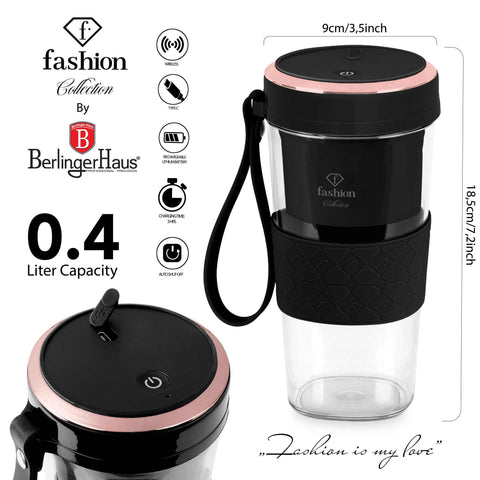 Product image of Cordless portable blender. Part of the MATTE BLACK- ROSE GOLD . Features: • Material: stainless steel, plastic • Power: 60 W • Rechargeable double battery -> higher performance • 400 ml bottle • Accessory: • Type C chargi.... (Studio view). Official Berlinger Haus product, boosted by Promintra sl.