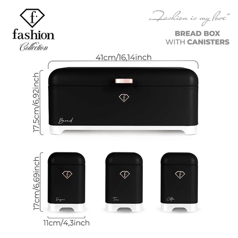 Imatge del producte de la caixa de pa amb joc de 3 recipients. Part del conjunt MATTE BLACK- ROSE GOLD. Característiques: • Material: ferro amb recobriment en pols mat • Inclou: • Caixa de pa 42,5*22,5*18,5 cm • Sucrera Ø11,5*18,5 cm • Te Ø11,5*18,5 cm • Co... (Vista d'estudi). Producte oficial de Berlinger, impulsat per Promintra sl.