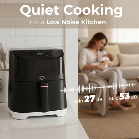 Product image of Air fryer 6L. Part of the MATTE BLACK- ROSE GOLD . Features: • Power: 220-240V, 50/60Hz ~ 1650W • Temperature control: 40-200℃ • Include: • XL SIZE: food basket with non-stick coating 6L • DIGITAL • Length of.... (Studio view). Official Berlinger Haus product, boosted by Promintra sl.