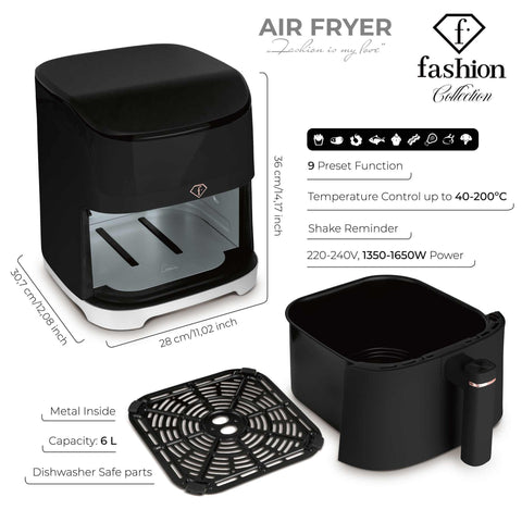 Product image of Air fryer 6L. Part of the MATTE BLACK- ROSE GOLD . Features: • Power: 220-240V, 50/60Hz ~ 1650W • Temperature control: 40-200℃ • Include: • XL SIZE: food basket with non-stick coating 6L • DIGITAL • Length of.... (Studio view). Official Berlinger Haus product, boosted by Promintra sl.