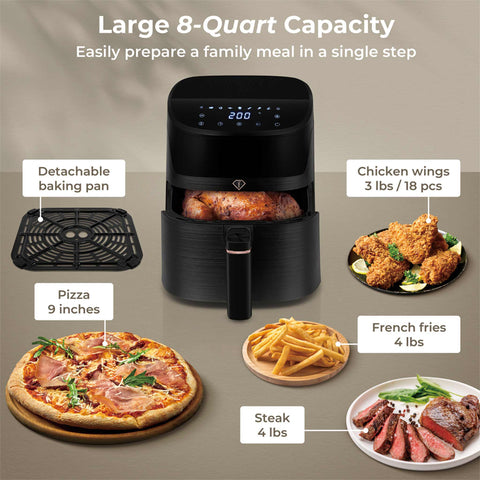 Product image of Air fryer 6L. Part of the MATTE BLACK- ROSE GOLD . Features: • Power: 220-240V, 50/60Hz ~ 1650W • Temperature control: 40-200℃ • Include: • XL SIZE: food basket with non-stick coating 6L • DIGITAL • Length of.... (Studio view). Official Berlinger Haus product, boosted by Promintra sl.