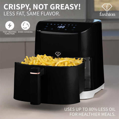 Product image of Air fryer 6L. Part of the MATTE BLACK- ROSE GOLD . Features: • Power: 220-240V, 50/60Hz ~ 1650W • Temperature control: 40-200℃ • Include: • XL SIZE: food basket with non-stick coating 6L • DIGITAL • Length of.... (Studio view). Official Berlinger Haus product, boosted by Promintra sl.
