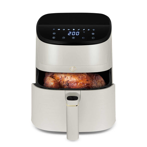 Product image of Air fryer 6L. Part of the MATTE CREAM- GOLD . Features: • Power: 220-240V, 50/60Hz ~ 1650W • Temperature control: 40-200℃ • Include: • XL SIZE: food basket with non-stick coating 6L • DIGITAL • Length of.... (Studio view). Official Berlinger Haus product, boosted by Promintra sl.
