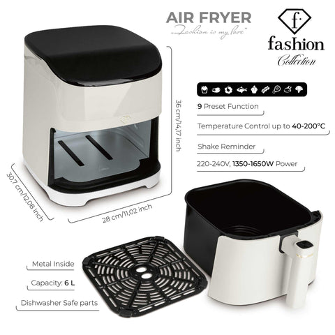Product image of Air fryer 6L. Part of the MATTE CREAM- GOLD . Features: • Power: 220-240V, 50/60Hz ~ 1650W • Temperature control: 40-200℃ • Include: • XL SIZE: food basket with non-stick coating 6L • DIGITAL • Length of.... (Studio view). Official Berlinger Haus product, boosted by Promintra sl.