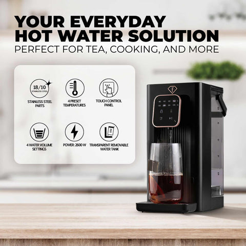 Product image of 2in1 digital hot water and room temperature water dispenser. Part of the MATTE BLACK- ROSE GOLD . Features: • Material: stainless steel, plastic • Voltage: 220-240V, 50/60Hz • Power: 2200-2600W • 1 pcs AQUA OPTIMA universal water filter • Size: 23,5*15,2*.... (Studio view). Official Berlinger Haus product, boosted by Promintra sl.