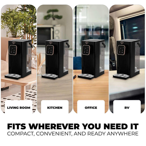 Product image of 2in1 digital hot water and room temperature water dispenser. Part of the MATTE BLACK- ROSE GOLD . Features: • Material: stainless steel, plastic • Voltage: 220-240V, 50/60Hz • Power: 2200-2600W • 1 pcs AQUA OPTIMA universal water filter • Size: 23,5*15,2*.... (Studio view). Official Berlinger Haus product, boosted by Promintra sl.