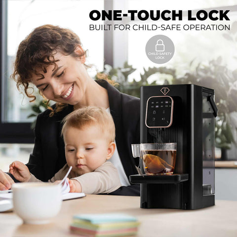 Product image of 2in1 digital hot water and room temperature water dispenser. Part of the MATTE BLACK- ROSE GOLD . Features: • Material: stainless steel, plastic • Voltage: 220-240V, 50/60Hz • Power: 2200-2600W • 1 pcs AQUA OPTIMA universal water filter • Size: 23,5*15,2*.... (Studio view). Official Berlinger Haus product, boosted by Promintra sl.