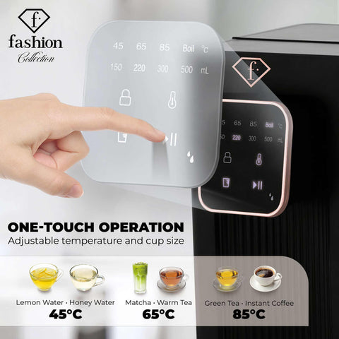 Product image of 2in1 digital hot water and room temperature water dispenser. Part of the MATTE BLACK- ROSE GOLD . Features: • Material: stainless steel, plastic • Voltage: 220-240V, 50/60Hz • Power: 2200-2600W • 1 pcs AQUA OPTIMA universal water filter • Size: 23,5*15,2*.... (Studio view). Official Berlinger Haus product, boosted by Promintra sl.