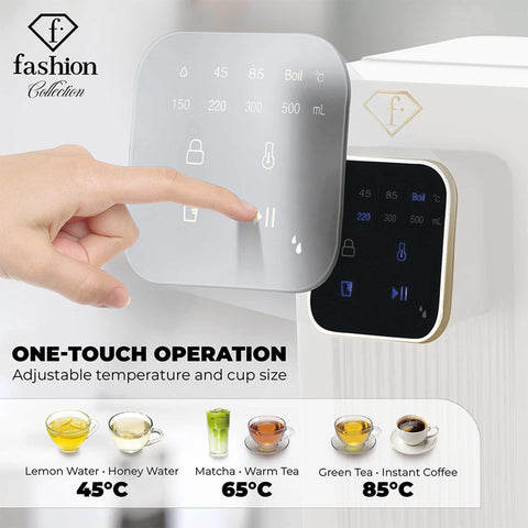 Product image of 2in1 digital hot water and room temperature water dispenser. Part of the MATTE CREAM- GOLD . Features: • Material: stainless steel, plastic • Voltage: 220-240V, 50/60Hz • Power: 2200-2600W • 1 pcs AQUA OPTIMA universal water filter • Size: 23,5*15,2*.... (Studio view). Official Berlinger Haus product, boosted by Promintra sl.
