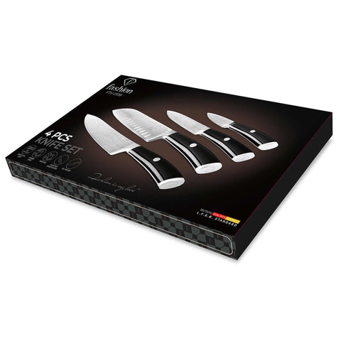 Imatge del producte d'un joc de ganivets de 4 peces. Part del conjunt MATTE BLACK- ROSE GOLD. Característiques: • Material: acer inoxidable • Ganivet Xef 20 cm • Ganivet Santoku 17,5 cm • Ganivet multiusos 12,5 cm • Ganivet de pelar 9 cm • Color: negre. (Vista d'estudi). Producte oficial de Berlinger, impulsat per Promintra sl.