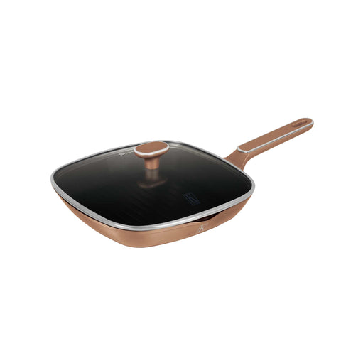 KI-1024, Frigideira Grill de 28 cm com Tampa, Ouro Rosa, Frigideira Grill de 28 cm com Tampa, Frigideira, Grelha, Grelha com Tampa, Conjunto de Utensílios de Cozinha