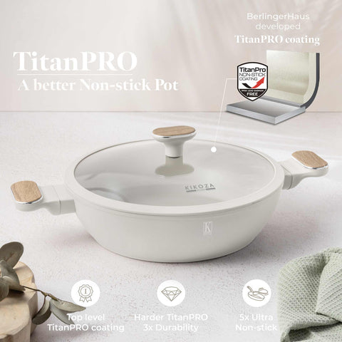 Product image of Shallow pot with lid 28cm. Part of the Kikoza Milano Collection . Features: • Material: forged aluminum with non-stick titanPro coating • Shallow pot with lid Ø28*7,5 cm 3,8L • Color: matt cream, wooden REGISTERED DESIGN BY.... (Studio view). Official Berlinger Haus product, boosted by Promintra sl.
