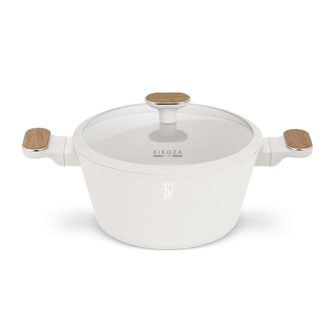 Product image of Casserole with lid 24cm. Part of the Kikoza Milano Collection . Features: • Material: forged aluminum with non-stick titanPro coating • Casserole with lid Ø24*12,5 cm 4,3L • Color: matt cream, wooden REGISTERED DESIGN BY .... (Studio view). Official Berlinger Haus product, boosted by Promintra sl.