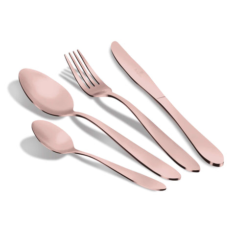 Product image of 24pcs cutlery set with ROSE GOLD PVD COATING satin POLISH. Part of the Cutlery sets . Features: • Material: stainless steel with full SATIN finish • Include: • Table knife 6 pcs 5,0 mm • Table fork 6 pcs 3,0 mm • Table spoon 6 pcs 3,0 mm • Tea.... (Studio view). Official Berlinger Haus product, boosted by Promintra sl.
