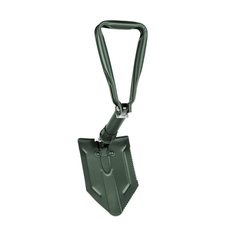 Product image of Foldable camping shovel. Part of the outdoor . Features: • Material: carbon steel • Opened size: 58*15 cm • Folded size: 24,5*15 cm • Belt case • Color: green. (Studio view). Official Berlinger Haus product, boosted by Promintra sl.