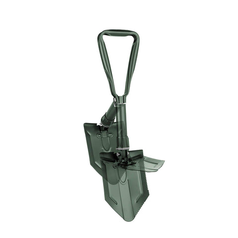 Product image of Foldable camping shovel. Part of the outdoor . Features: • Material: carbon steel • Opened size: 58*15 cm • Folded size: 24,5*15 cm • Belt case • Color: green. (Studio view). Official Berlinger Haus product, boosted by Promintra sl.
