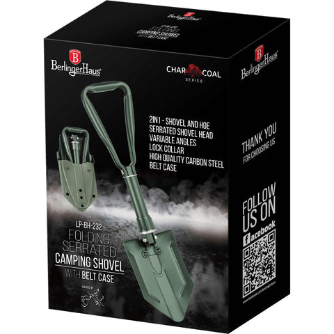 Product image of Foldable camping shovel. Part of the outdoor . Features: • Material: carbon steel • Opened size: 58*15 cm • Folded size: 24,5*15 cm • Belt case • Color: green. (Studio view). Official Berlinger Haus product, boosted by Promintra sl.