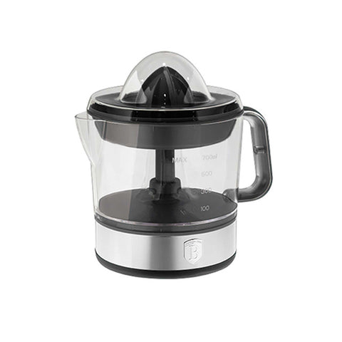 Product image of Electric citrus juicer. Part of the Black Vantage Collection/Matte Black Collection/Black Silver Collection . Features: • Material: plastic, stainless steel • 220-240V/230VAC 50Hz 40W • Capacity: 0,7 L • Color: black. (Studio view). Official Berlinger Haus product, boosted by Promintra sl.