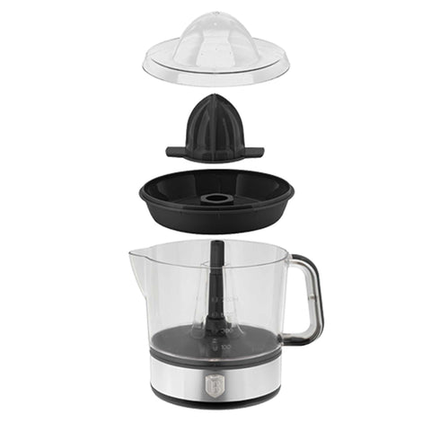 Product image of Electric citrus juicer. Part of the Black Vantage Collection/Matte Black Collection/Black Silver Collection . Features: • Material: plastic, stainless steel • 220-240V/230VAC 50Hz 40W • Capacity: 0,7 L • Color: black. (Studio view). Official Berlinger Haus product, boosted by Promintra sl.