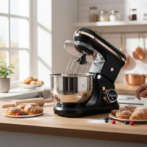 Product image of Kitchen machine. Part of the Black Rose Collection . Features: • Material: stainless steel, plastic • 1200 W, 220-240V, 50/60 Hz • Include: • 18/10 stainless steel bowl 6L • Non-stick dough hook • Non-stick bea.... (Studio view). Official Berlinger Haus product, boosted by Promintra sl.
