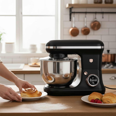 Product image of Kitchen machine. Part of the Black Rose Collection . Features: • Material: stainless steel, plastic • 1200 W, 220-240V, 50/60 Hz • Include: • 18/10 stainless steel bowl 6L • Non-stick dough hook • Non-stick bea.... (Studio view). Official Berlinger Haus product, boosted by Promintra sl.