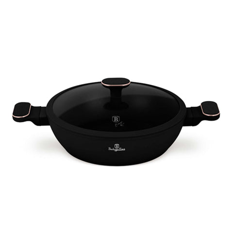 Product image of Shallow pot with lid 28cm. Part of the Black Rose Collection . Features: • Material: forged aluminum with non-stick titanPro coating • Shallow pot with lid Ø28*7,5 cm 3,8L • Color: matt black- rose gold REGISTERED DESIGN.... (Studio view). Official Berlinger Haus product, boosted by Promintra sl.