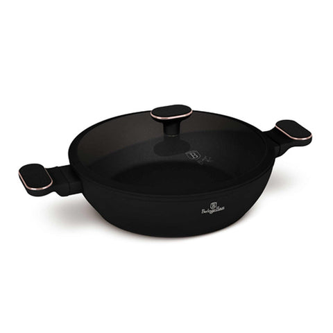 Product image of Shallow pot with lid 28cm. Part of the Black Rose Collection . Features: • Material: forged aluminum with non-stick titanPro coating • Shallow pot with lid Ø28*7,5 cm 3,8L • Color: matt black- rose gold REGISTERED DESIGN.... (Studio view). Official Berlinger Haus product, boosted by Promintra sl.