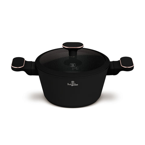 Product image of Casserole with lid 20cm. Part of the Black Rose Collection . Features: • Material: forged aluminum with non-stick titanPro coating • Casserole with lid Ø20*11 cm 2,6L • Color: matt black- rose gold REGISTERED DESIGN BY.... (Studio view). Official Berlinger Haus product, boosted by Promintra sl.