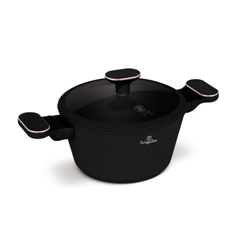 Product image of Casserole with lid 20cm. Part of the Black Rose Collection . Features: • Material: forged aluminum with non-stick titanPro coating • Casserole with lid Ø20*11 cm 2,6L • Color: matt black- rose gold REGISTERED DESIGN BY.... (Studio view). Official Berlinger Haus product, boosted by Promintra sl.