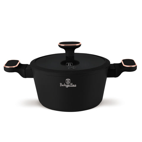Product image of Casserole with lid 20cm. Part of the Black Rose Collection . Features: • Material: forged aluminum with non-stick titanPro coating • Casserole with lid Ø20*11 cm 2,6L • Color: matt black- rose gold REGISTERED DESIGN BY.... (Studio view). Official Berlinger Haus product, boosted by Promintra sl.