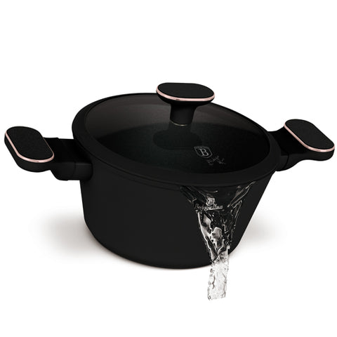 Product image of Casserole with lid 20cm. Part of the Black Rose Collection . Features: • Material: forged aluminum with non-stick titanPro coating • Casserole with lid Ø20*11 cm 2,6L • Color: matt black- rose gold REGISTERED DESIGN BY.... (Studio view). Official Berlinger Haus product, boosted by Promintra sl.