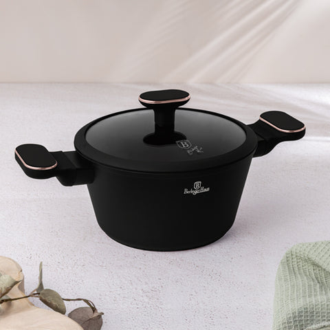 Product image of Casserole with lid 20cm. Part of the Black Rose Collection . Features: • Material: forged aluminum with non-stick titanPro coating • Casserole with lid Ø20*11 cm 2,6L • Color: matt black- rose gold REGISTERED DESIGN BY.... (Studio view). Official Berlinger Haus product, boosted by Promintra sl.