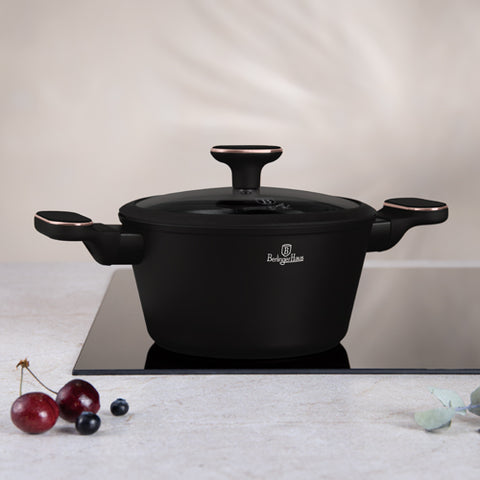 Product image of Casserole with lid 20cm. Part of the Black Rose Collection . Features: • Material: forged aluminum with non-stick titanPro coating • Casserole with lid Ø20*11 cm 2,6L • Color: matt black- rose gold REGISTERED DESIGN BY.... (Studio view). Official Berlinger Haus product, boosted by Promintra sl.