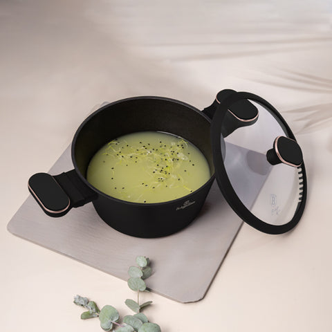 Product image of Casserole with lid 20cm. Part of the Black Rose Collection . Features: • Material: forged aluminum with non-stick titanPro coating • Casserole with lid Ø20*11 cm 2,6L • Color: matt black- rose gold REGISTERED DESIGN BY.... (Studio view). Official Berlinger Haus product, boosted by Promintra sl.