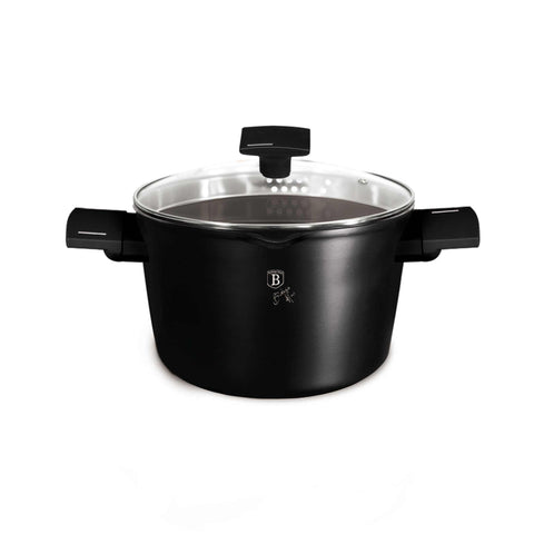 Product image of Pasta and rice pot with lid 24cm. Part of the Matte Black Collection . Features: • Material: forged aluminum with non-stick titanPro coating • Pasta and rice pot with lid Ø24 cm 6L • Color: black- silver REGISTERED DESIGN BY BER.... (Studio view). Official Berlinger Haus product, boosted by Promintra sl.