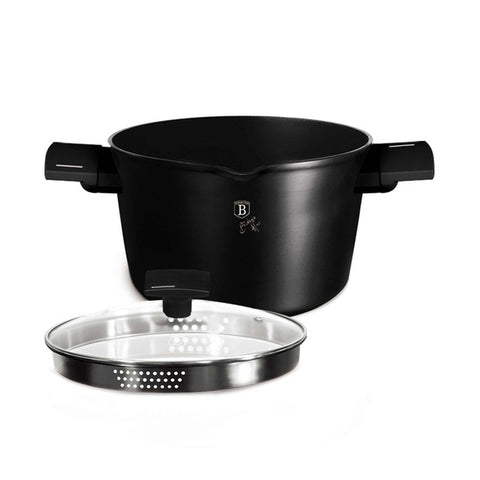 Product image of Pasta and rice pot with lid 24cm. Part of the Matte Black Collection . Features: • Material: forged aluminum with non-stick titanPro coating • Pasta and rice pot with lid Ø24 cm 6L • Color: black- silver REGISTERED DESIGN BY BER.... (Studio view). Official Berlinger Haus product, boosted by Promintra sl.